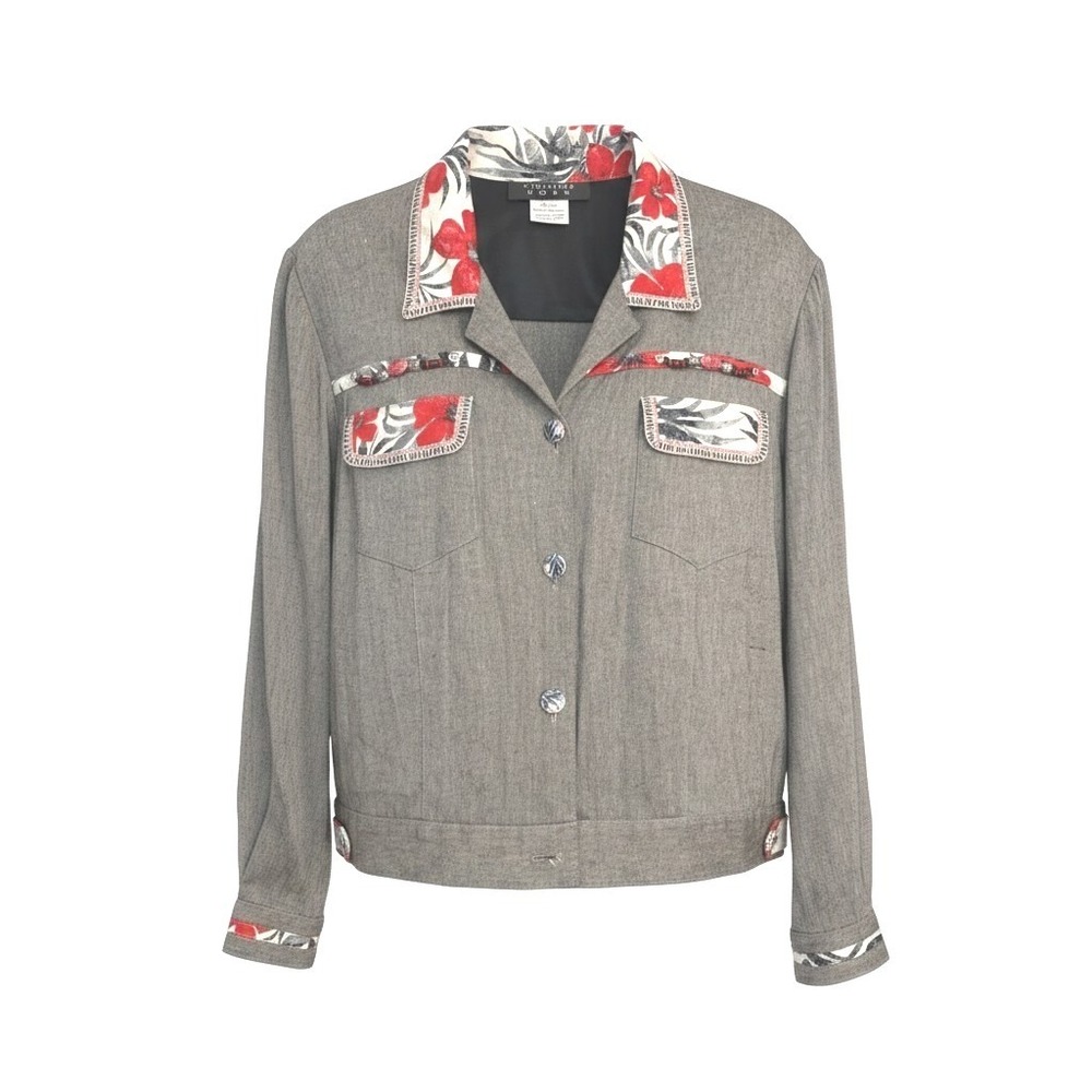 Christina Hope Womens Gray Rayon Beaded Floral Trim Button Up Jacket Size Large
